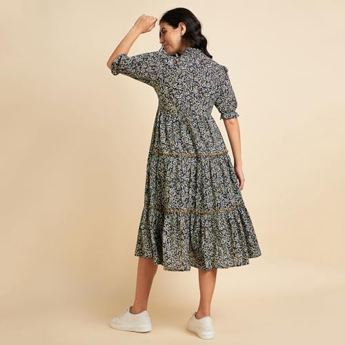 Image of Azira 100% Cotton Printed Fit & Flared Mandarin Collar Midi Dress | Casual Dress | Dress for Woman | Summer Dress