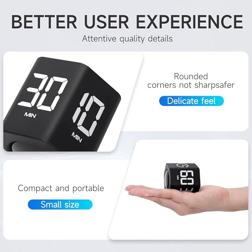 Image of Productivity Timer 1, 5, 10, 30, 60 Minutes Preset, Desk Cube Timer with Gravity Sensor /Mute /Vibration for ADHD, Work, Study, Kitchen, Back to School (Black)