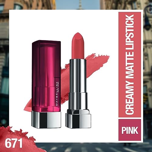 Image of Maybelline New York Color Sensational Creamy Matte Lipstick lasts up to 12 Hours, Hydrate Lips, Rich Creamy Lipstick with Shea Butter, Available in 42 Shades - 671 Heated Pink, 3.9g