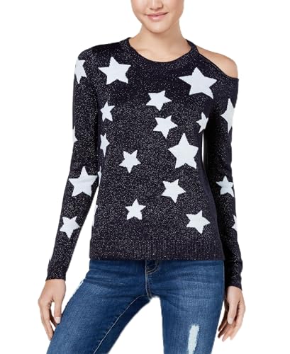 Oh MG! Juniors' Star-Print Metallic Sweater (Navy, XL)