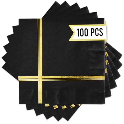 Black and Gold Napkins – Set of 100 Disposable 5x5 Inch Cocktail and Dessert Napkins with Gold Trim, Perfect for Wedding Parties and Events