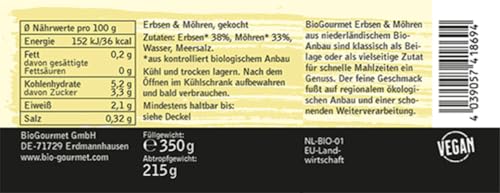 BioGourmet Erbsen & Möhren gekocht– Feines Gemüse aus ökologischem Anbau in den Niederlanden, Glas 1 x 350g