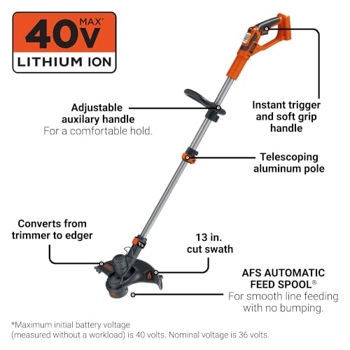 Image of BLACK+DECKER 40V MAX 13 in String Trimmer Edger Cordless with Adjustable Telescoping Pole, 2 in 1 Weed Wacker Lawn Edger, Includes Battery and Charger (LST136)