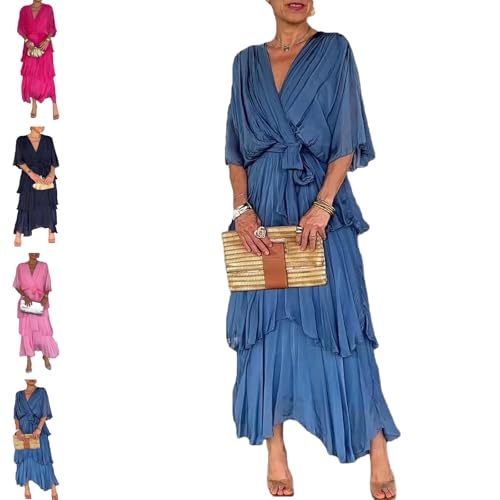Mejores precios y opiniones de Vestido boda azul comprados en linea. 35 Elegante y elegante vestido largo de gasa escalonada, vestido de gasa con cuello en V y cintura alta, vestido de invitados de boda, Azul, 5X-Large