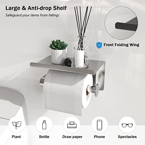 Self Adhesive Toilet Paper Holder With Phone Shelf, Screw-In Wall Mounted Toilet Paper Roll Holder, Rustproof Bathroom Washroom Tissue Roll Holder With Shelf, Toilet Paper Roll Dispenser- Silver #TOP3