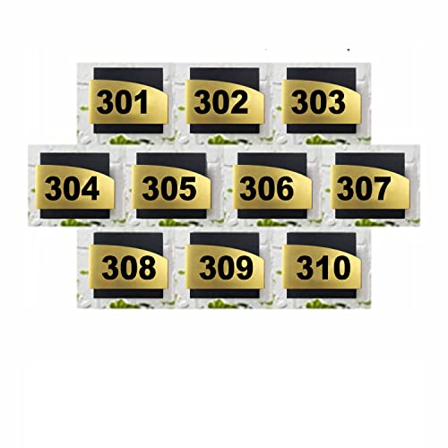 Image of Combo Number Plate | COMBO SET301-310 (Pack of 10) | Laser Cut Acrylic Black and Gold Color Smooth Finish Plate with Double Side Tape on Backside | 140mm x 140mm Signage