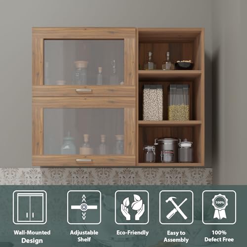 Image of VIKI Furniture Modular Kitchen Wall Cabinet with Acrylic Glass Flip-Up Gas Spring Door, Space Saving Spice Rack & Storage Unit, 30 x 120 x 80 cm, Walnut, 1 Year Warranty