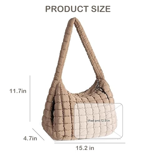 Image of Quilted Puffer Tote Bag Large Puffy Crossbody Shoulder Bag with Zipper Lightweight Carryall Bag Soft Hobo Handbags Trendy (Brown)
