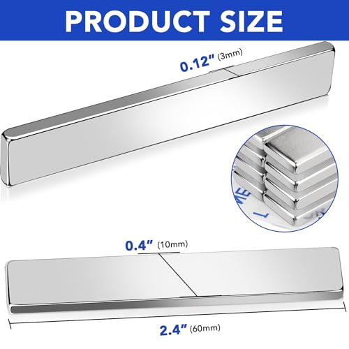 MIKEDE Strong Rare Earth Neodymium Magnets, Heavy Duty Bar Magnets with Double-Sided Adhesive, Powerful Pull Force, Perfect for Fridge, Garage, Kitchen, Science, Craft, Office, DIY 60x10x3mm 10pack