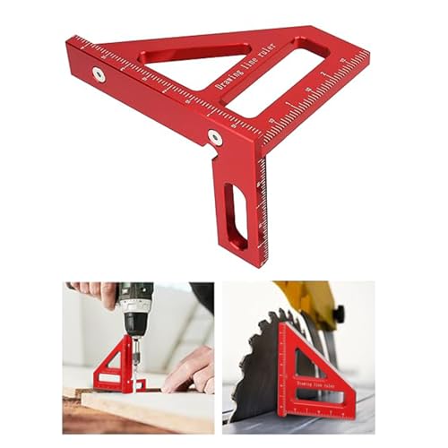 3D Multi Angle Measuring Ruler, 45° & 90° Degree Triangle Scriber Square Protractor, Miter Triangle Ruler Measuring Tool for Engineer Aluminum Inch Scale for Carpenters and Woodworkers (Red)