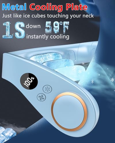 Image of Neck Fan with Cooling Plate-24H Quiet Powerful Fans that Blow 5 Speed&Power LED Display-USB 5500mAh Bladeless Wearable Personal AC Cooler for Light Blue