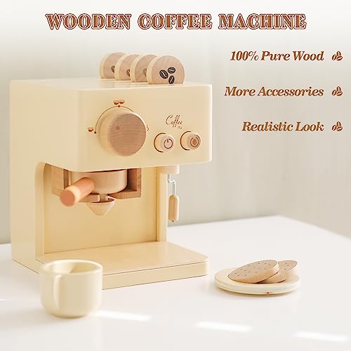 ibwaae Kids Coffee Maker 10Pcs Toy Coffee Maker Playset Wooden Kitchen Set Toys Toddler Play Kitchen Accessories, Pretend Play Food Sets for Girls and Boys