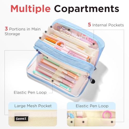 Image of Sooez Large Pencil Case Pouch, Extra Big Pencil Bag with 8 Compartments, Pen Bag Wide Opening, Soft Quilted Pencil Pouch Organizer with Zipper, Portable Pencil Case for Teen Girls, Sky Blue