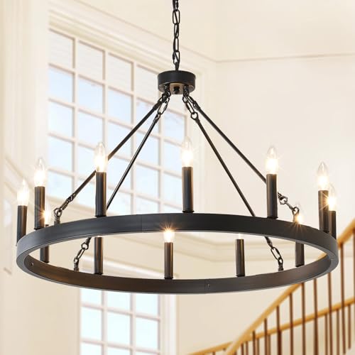 TESTOYS 32'' Wagon Wheel Chandelier, 12-Light Black Round Chandeliers for Dining Room, Industrial...