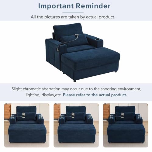 Sillón chenille azul con almacenamiento y USB miniatura 6