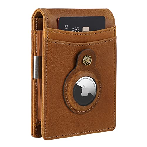 HUAFIY AirTag Wallet Genuine Leather Mens Wallet with Money Clip Air Tag Wallet Card Holder RFID Blocking Bifold