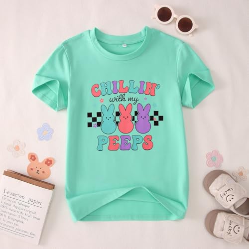 Image of Girls Easter Bunny Shirts Chillin with My Peeps Letter Print T-Shirt Cute Rabbit Short Sleeve Tee Tops