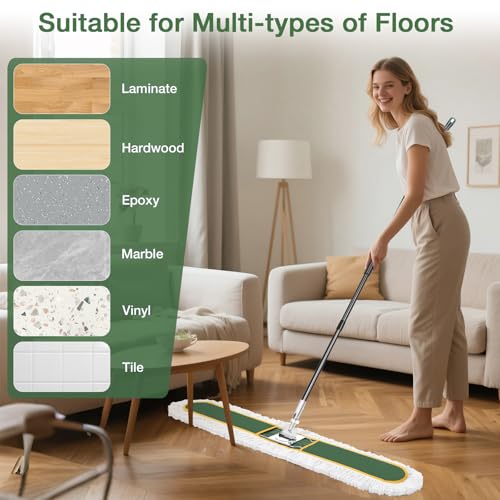 Image of 48 inch Commercial Dust Mop for Floor Cleaning with 2 Cotton Mop Pads | Heavy Duty Wet Dry Broom with 65 inch Metal Handle for Commercial Industrail Office Garage Warehouse Factory Mall /Green