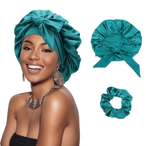 DRESHOW Satin Braid Bonnet for Women Silk Bonnet for Sleeping Sleep Cap with Elastic Tie Band Night Cap for Long Curly Hair Locs