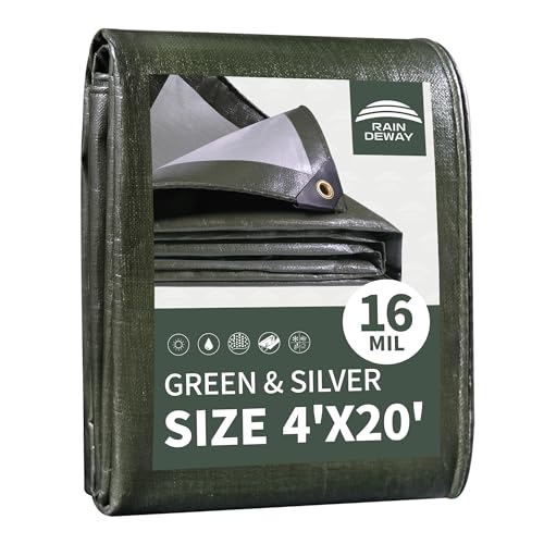RAINDEWAY 4x20 Feet Tarps Heavy Duty Waterproof,16 Mil Heavy Duty Poly Tarp,UV Resistant,Tear Resistant Outdoor Multipurpose Tarp with Grommets and Reinforced Reinforced Edges,Green/Silver