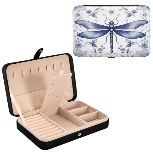 Haskirky Indigo Dragonfly Jewelry Box Portable PU Leather Travel Jewelry Organize for Women Jewelry Storage Display Holder for Ring, Necklace, Earring