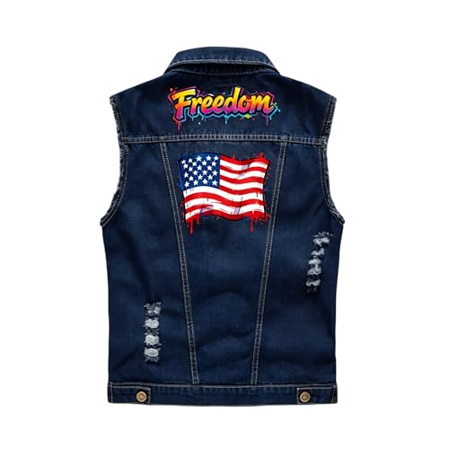 Image of Idopy Men`s American Flag Retro Ripped Denim Jeans Vest Sleeveless Jacket