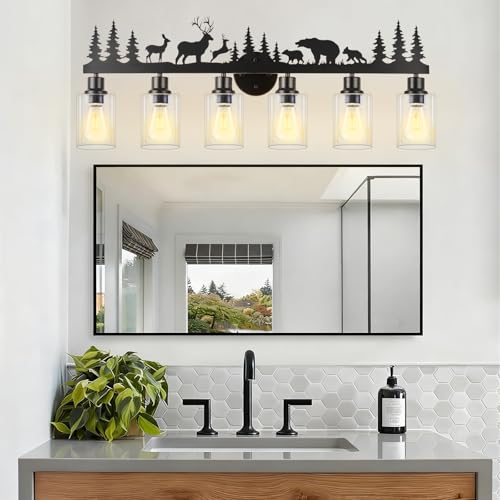 Image of Rustic Bathroom Light Fixtures, 6-Light Farmhouse Vanity Lamp with Deer and Bear Design, Black Wall Lighting with Clear Glass Shade for Bathroom, Hallway, Kitchen, Porch