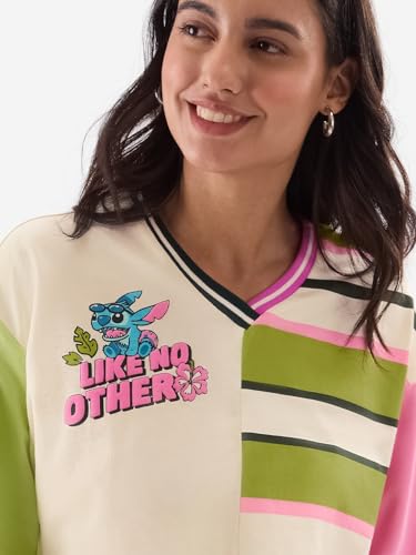 Image of The Souled Store Lilo & Stitch: Like No Other Women and Girls Full Sleeves V Neck 100% Cotton Oversized Fit Cropped Tops Multicolour Graphic Tops Casual Fashion Full Sleeves Round Neck Printed