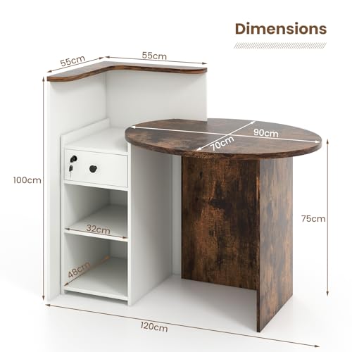 COSTWAY Reception Desk, Front Counter Desk with Lockable Drawer and Adjustable Shelf, Corner Cashier Retail Checkout Table Computer Desk for Beauty Salon Lobby (White+Rustic Brown, Right Tabletop)