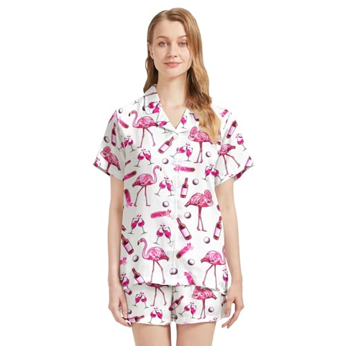 Image of Silk Satin Pajama Set for Women Summer Lounge Pjs Sets 2 Piece Suit Ladies Button Down Tops And Shorts Sleepwear