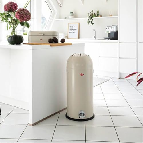 Wesco Kickmaster Maxi Abfallsammler in der Farbe sand matt, pulverbeschichtetes Stahlblech, eingebauter Dämpfer, 40 Liter Volumen, großer Einwurf