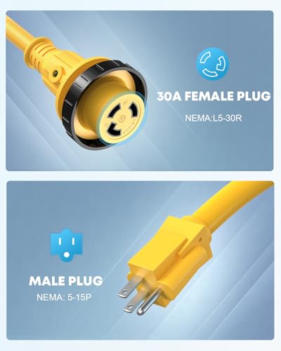 Image of Kohree RV Adapter Plug 30 Amp to 15 Amp 110V, RV Power Electrical Adapter Cord 15A Male to 30A Female 12 inch with Twist Lock & LED Indicator