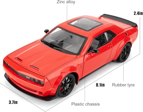 Image of 1 /24 Dodge Challenger Hellcat Model Car, Zinc Alloy Pull Back Toy car with Sound and Light for Kids Boy Girl Gift (Red)