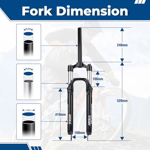 MEGHNA Bike Suspension Front Fork Aluminium Alloy Lightweight Air Suspension Fork Straight Tube 27.5 inch Mountain Bike Disc Brake 28.6mm Threadless Straight Bicycle Front Fork