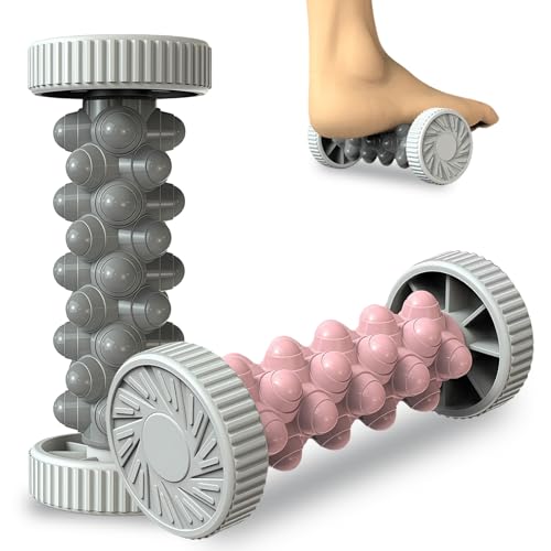 2 Stk Fußmassageroller für Plantarfasziitis Faszienrolle Fuß Tragbarer Fußmassageroller mit Noppen für Hand & Fuss Fersenschmerzen Stress Relief & Entspannung - Grau & Rosa