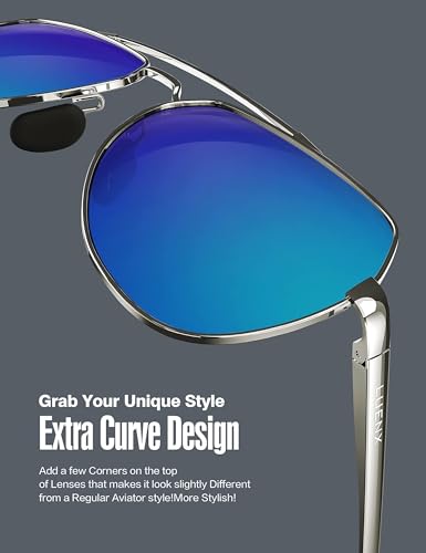 LUENX Men Women Aviator Sunglasses Polarized Shades Flexible Spring Hinge - Dark Blue Mirror Lens Silver Metal Frame 60mm - Thumbnail 3