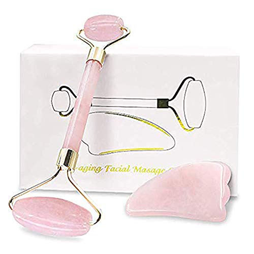 Jade Roller and Gua Sha Tool Set, Anti-Aging Rose Facial Quartz Roller Massager for Face, Eye, Neck, Suitable for Slimming, Firming and Puffiness