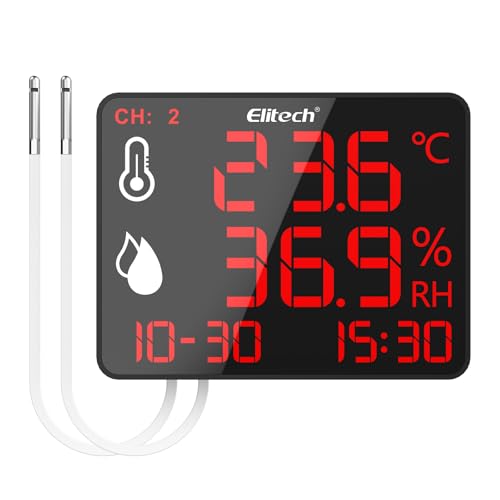 Elitech - Termómetro higrómetro digital con doble sonda externa de 2 x 2 m, grabadora Bluetooth de 30000 puntos, pantalla ancha para almacén invernadero de laboratorio, DR-230-THDE