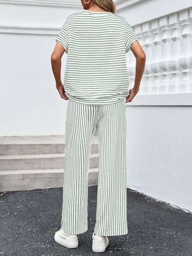 Image of Tankaneo Womens Striped 2 Piece Sets Short Sleeve T Shirts Wide Leg Pants Matching Lounge Set with Pockets