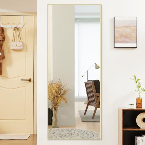 Sweetcrispy 64"x21" Full Length Mirror Full Body Floor Mirror Standing Hanging or Leaning Wall, Wall Mirror with Stand Aluminum Alloy Thin Frame for Bedroom Cloakroom,Gold