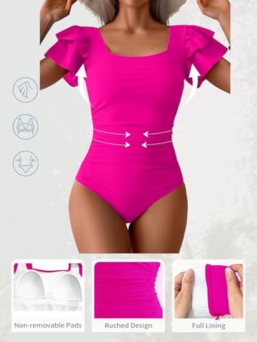 Image of Eomenie Women's Tummy Control One Piece Swimsuit Ruffle Square Neck Bathing Suit Ruched Cutout Back Slimming Swimwear