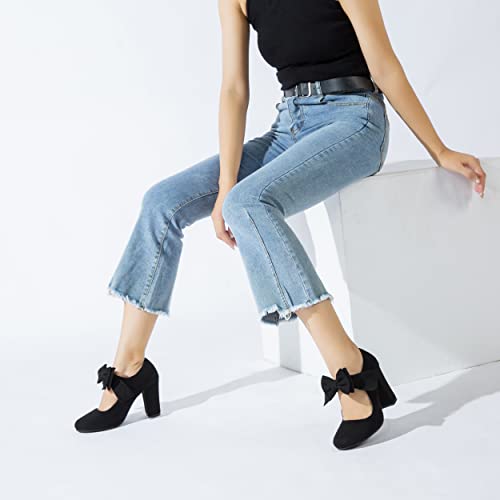 MAIERNISI JESSI Women's Bowknot Mary Jane Block Heel Round Pumps Closed Toe Dress Shoes2