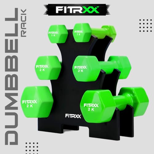 Image of Fitrxx Vinyl Dumbbells With Stand | Men and Women | Non-Slippery Dumbbell for Home and Gym | Full Body Workout (Green, 1 kg, 2 kg, 3 kg = 12 Kg)