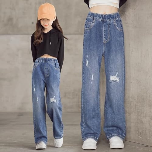 Girls Wide Leg Jeans Baggy Casual Rolled Hem Denim Pants with Pockets Elastic High Waist Streetwear Fashion Trousers2