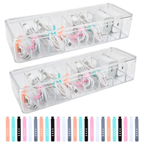 2Stück Kabel Aufbewahrungsbox Transparent Kabel Organizer Box mit 8 Verstellbare Fächer und 24 Kabelbinder Cable Management Box für Schreibtischaufbewahrung im Büro und Zuhause
