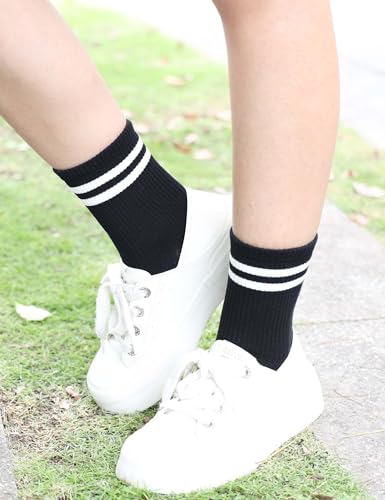 Image of 6 Pairs Solid Color Retro Striped Crew Socks for Women Girls | Soft Cotton Blend, Breathable & Comfortable Novelty Everyday Ribbed Quarter Socks
