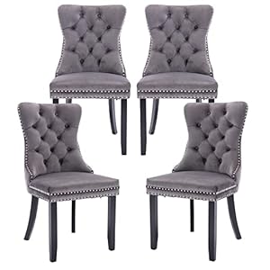 Kiztir Velvet Dining Chairs Set of 4, Upholstered Dining Chairs with Ring Pull Trim and Button Back, Luxury Tufted Dining Chair for Living Room, Bedroom, Kitchen (Gray)