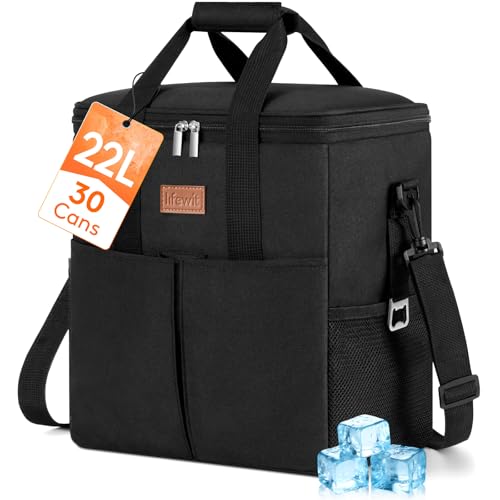Lifewit Bolsa Termica 22L, Bolsa Nevera con 2 Bolsillos Delanteros, Nevera Portatil Tela con Forro Interior Impermeable para Camping, Viajes, Compras, Picnics, Trabajo, Playa, Negro
