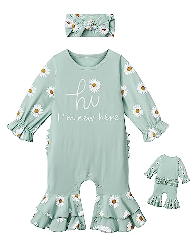 Image of AGAPENG Newborn Girl Clothes Ruffle Letter Print Romper Infant Bell Bottom Jumpsuit Boho Baby Girl Clothes with Headband Hat