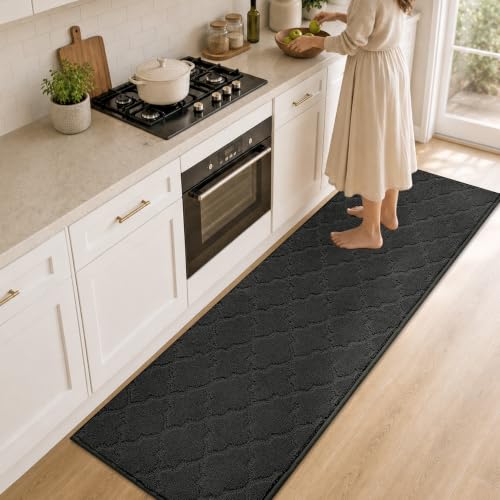 COSY HOMEER Kitchen Runner Rugs Non-Slip Absorbent 24"x72", Black | Comfort Kitchen Mats for Floor, Machine Washable Stain Resistant Rugs for Kitchen, Hallway, Laundry & Sink